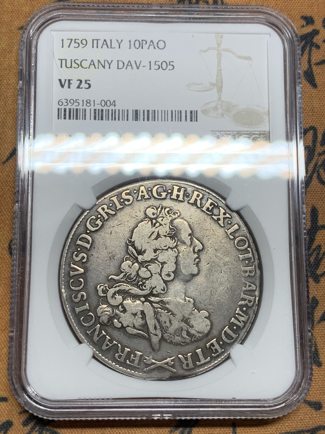 《竞宝斋》第84场-本周日，周一2场连拍（全场不限金额包邮） 唯一冠军分 NGC-VF25 意大利托斯卡纳 1759年 10保利 大银币 少见版式 一流的味道 难得