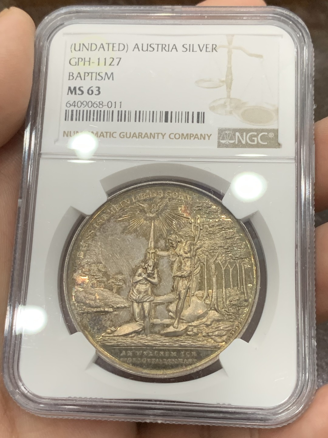 《竞宝斋》第84场-本周日，周一2场连拍（全场不限金额包邮） NGC MS63奥地利19世纪耶稣约旦河洗礼镜面纪念大银章