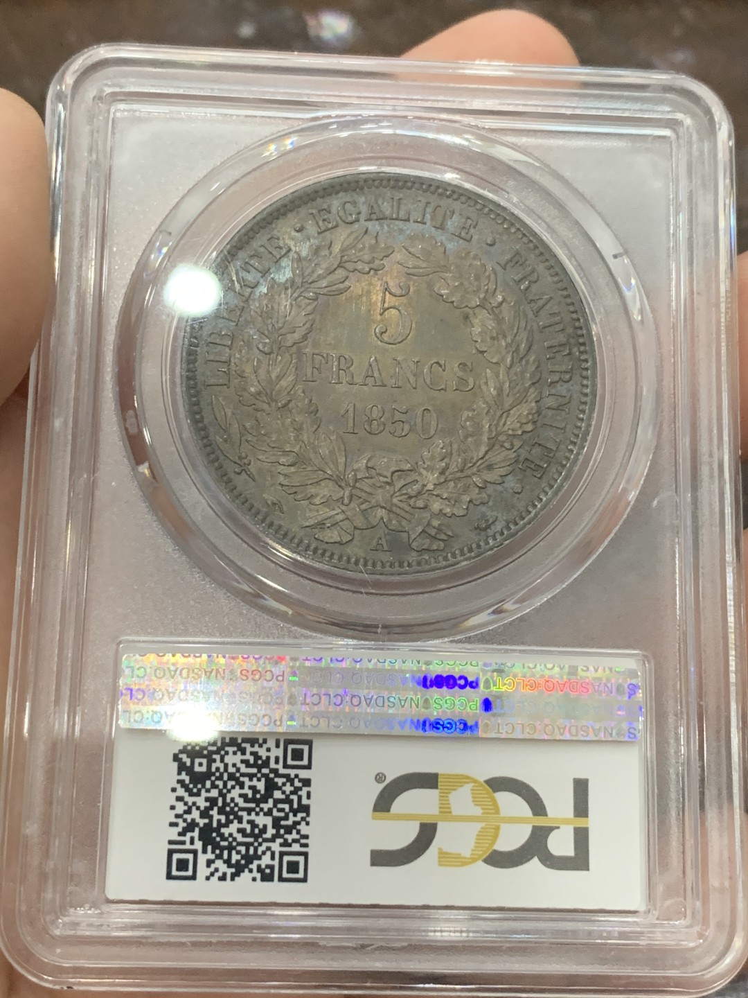 《竞宝斋》第84场-本周日，周一2场连拍（全场不限金额包邮） PCGS-MS62法国 1850年 5法郎 谷物女神 银币 均匀黑彩 这样的包浆现在都很难有分