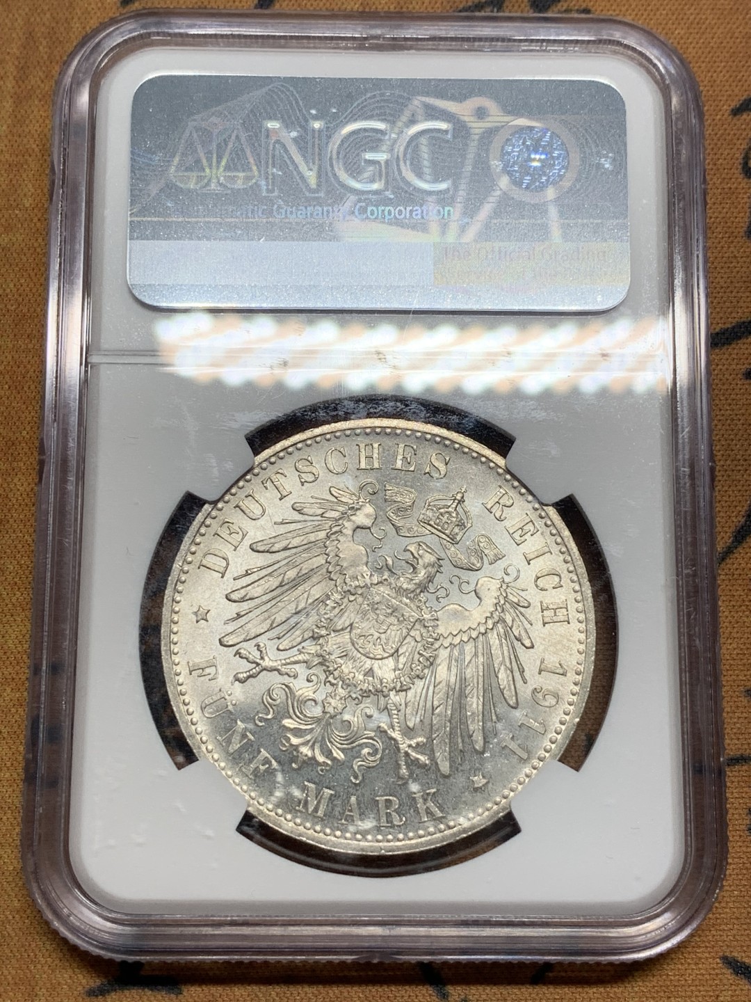 《竞宝斋》第84场-本周日，周一2场连拍（全场不限金额包邮） NGC MS63 1911年 德国巴伐利亚奥波德5马克 银币