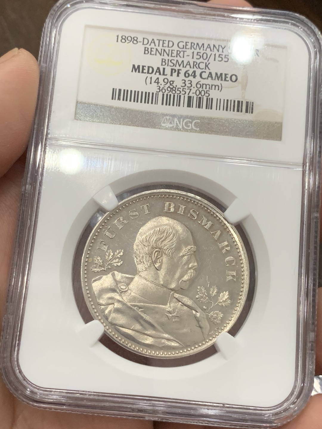 《竞宝斋》第84场-本周日，周一2场连拍（全场不限金额包邮） NGC PF64CAMEO 1898年德国俾斯麦银章  普品常见 但是镜面 浮雕 高分少见 值得收藏