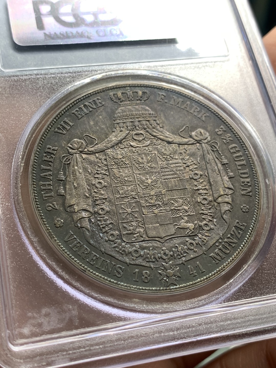 《竞宝斋》第84场-本周日，周一2场连拍（全场不限金额包邮） PCGS-AU53德国 1841年 2泰勒 普鲁士威廉四世窗帘泰勒 银币 早期威廉四世头像 好品比后期少很多 侧光双面紫包浆状态无敌好看