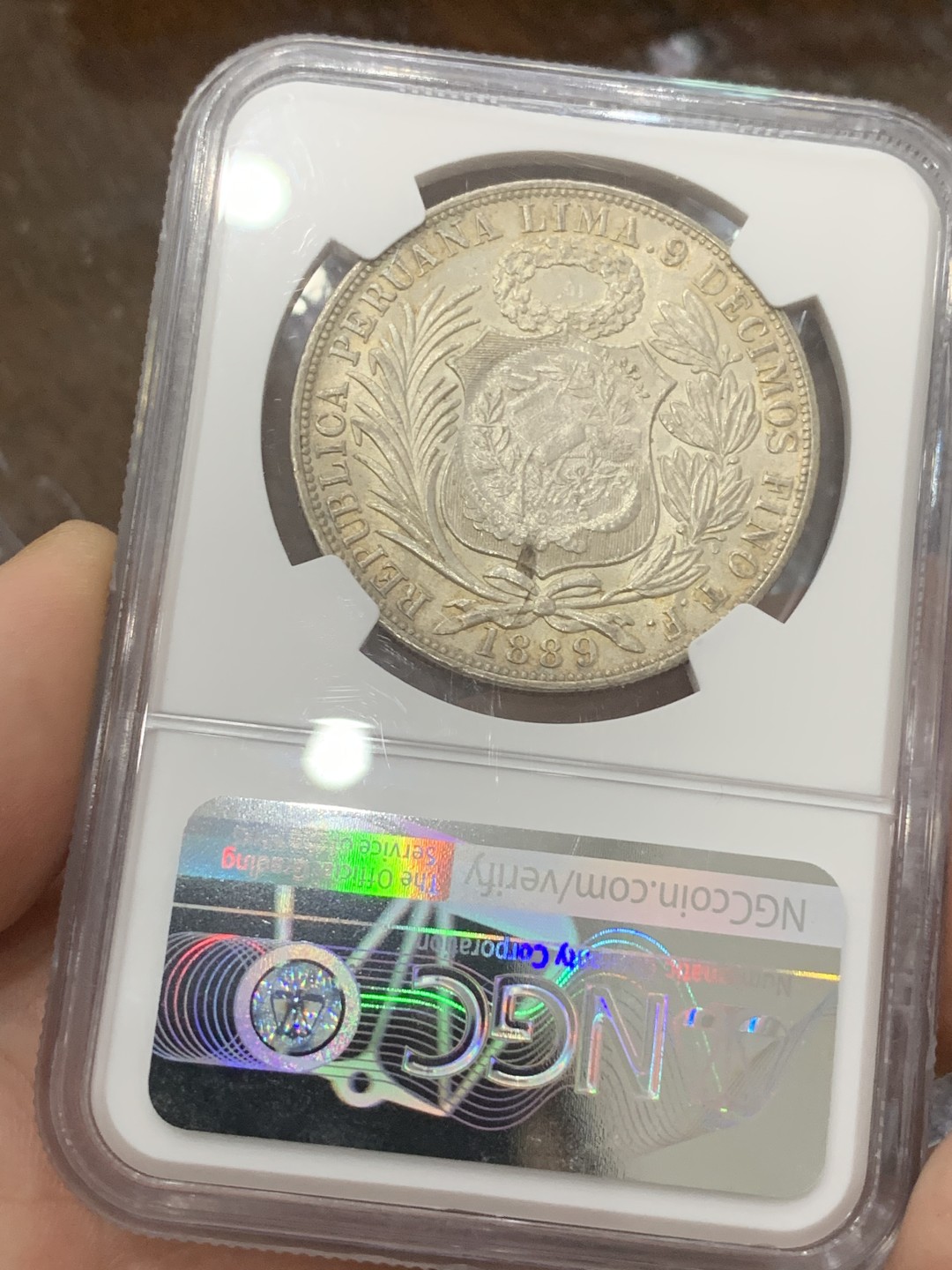 《竞宝斋》第84场-本周日，周一2场连拍（全场不限金额包邮） NGC-MS61 1894年 危地马拉加盖 秘鲁索尔 银币 热门南美 少见加盖 涨势不错