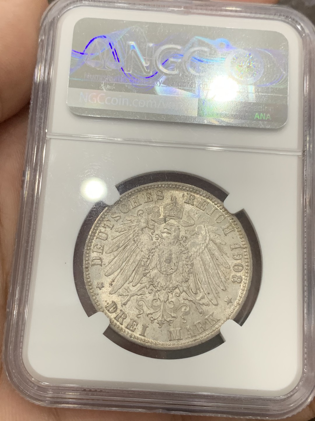 《竞宝斋》第84场-本周日，周一2场连拍（全场不限金额包邮） NGC-MS65 德国 1908年J版汉堡3马克。精美高分一步到位。