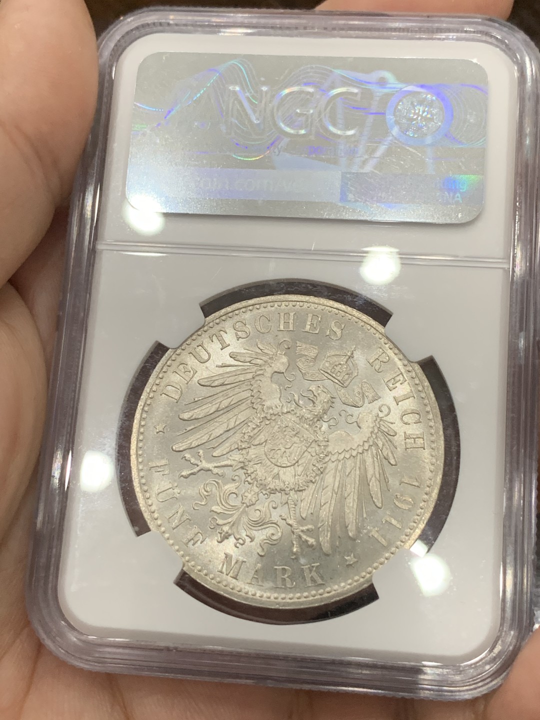 《竞宝斋》第84场-本周日，周一2场连拍（全场不限金额包邮） NGC MS63 1911年 德国巴伐利亚奥波德5马克 银币