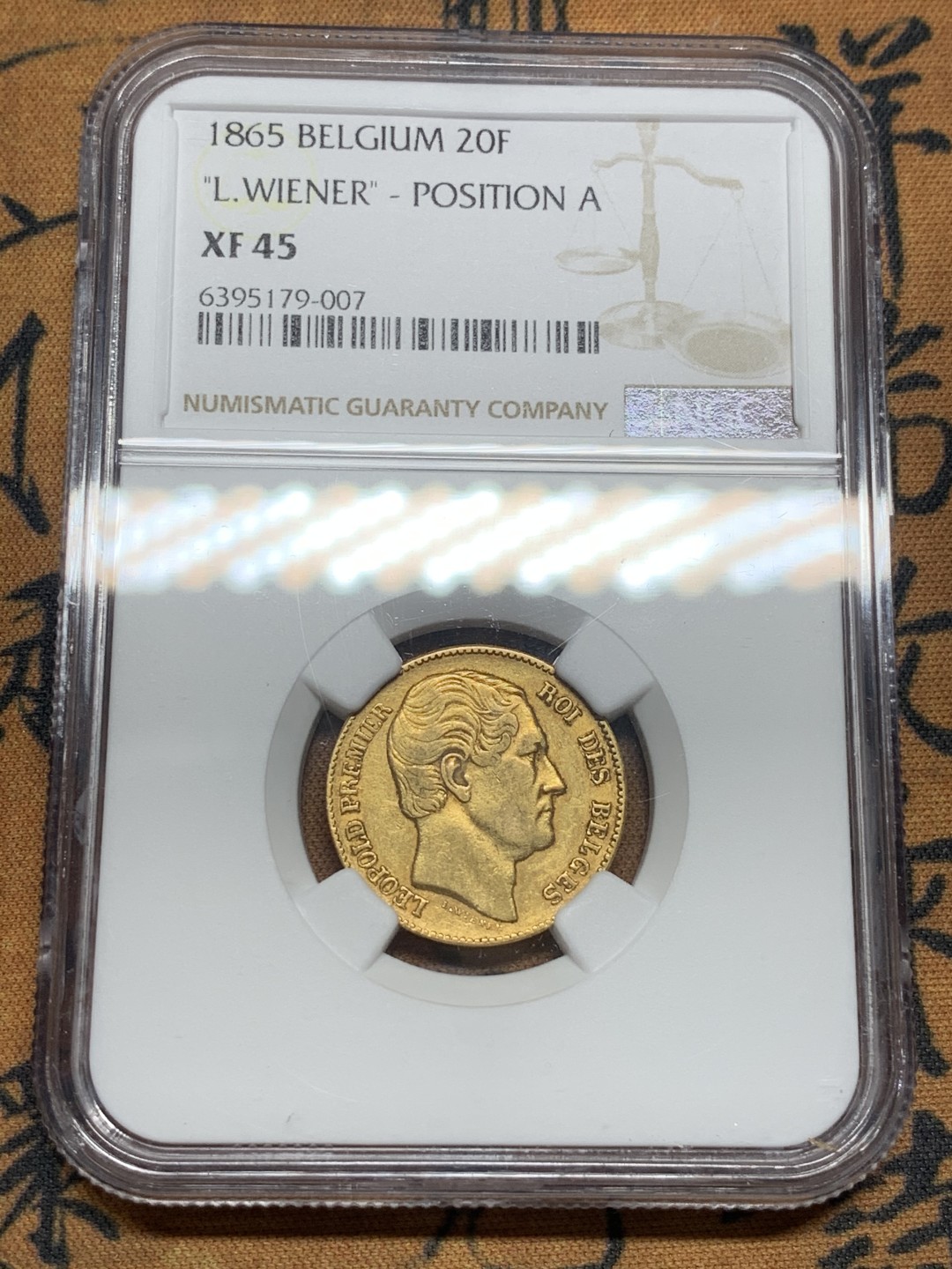《竞宝斋》第84场-本周日，周一2场连拍（全场不限金额包邮） NGC-XF45 比利时1865年 利奥波德一世 20马克金币 非常少见早期版金币