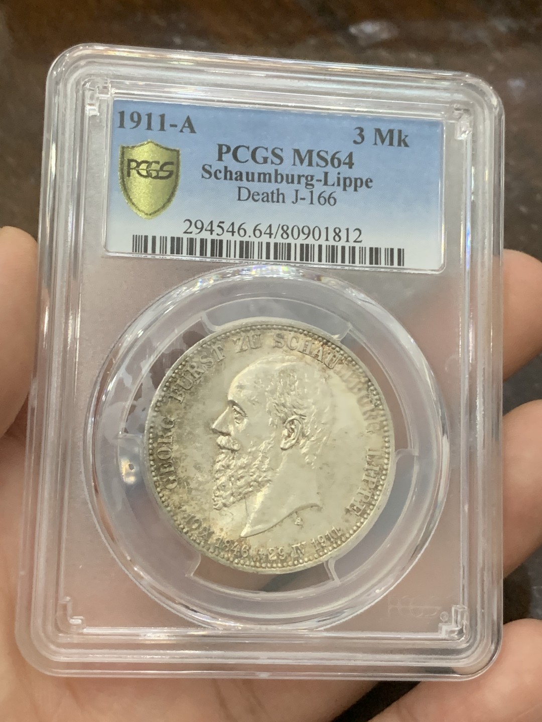 《竞宝斋》第84场-本周日，周一2场连拍（全场不限金额包邮） PCGS-MS64 德国 绍姆堡利珀 1911年 3马克 银币 阿尔布雷科特格奥尔格逝世纪念 黄油彩包浆 