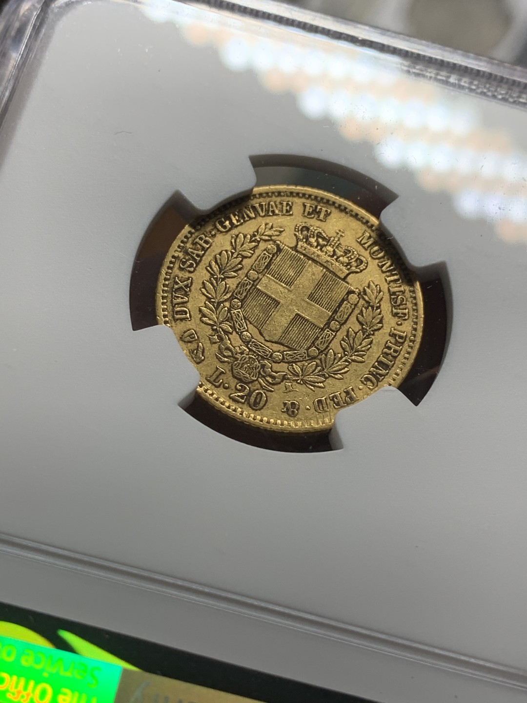 《竞宝斋》第84场-本周日，周一2场连拍（全场不限金额包邮） NGC-AU50 意大利撒丁岛 1858年 20里拉金币 非常少见的品种