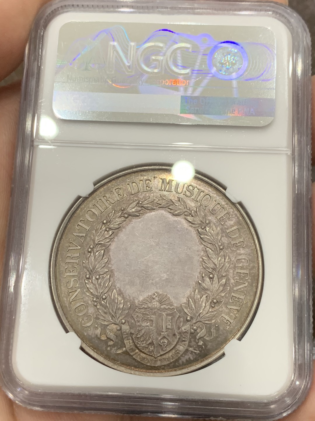 《竞宝斋》第84场-本周日，周一2场连拍（全场不限金额包邮） NGC MS63瑞士19世纪末 日内瓦音乐学院景观银章 41mm 大规格