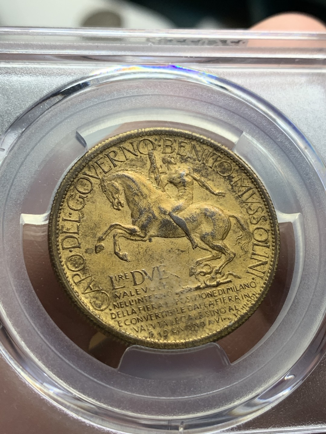 《竞宝斋》第84场-本周日，周一2场连拍（全场不限金额包邮） PCGS MS62 意大利 1928年 米兰博览会 铜镀金 2里拉 代币 稀少品种