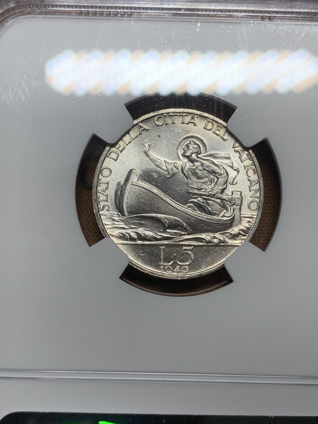 《竞宝斋》第84场-本周日，周一2场连拍（全场不限金额包邮） NGC-MS63 梵蒂冈 1940年 教皇小船5里拉银币 顶级原光好品