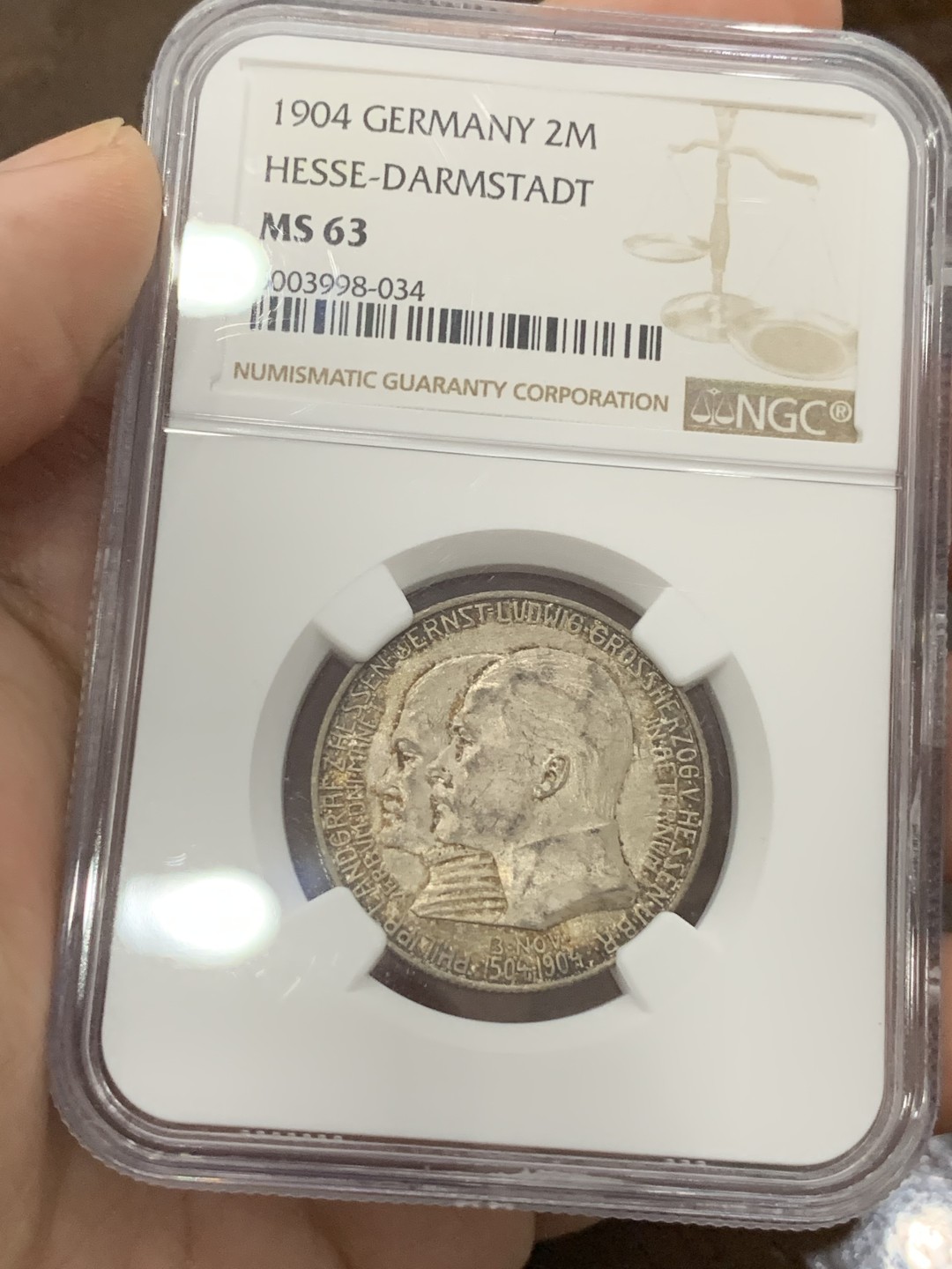 《竞宝斋》第84场-本周日，周一2场连拍（全场不限金额包邮） NGC MS63 德国 1904年 黑森达姆施塔特400周年2马克 银币