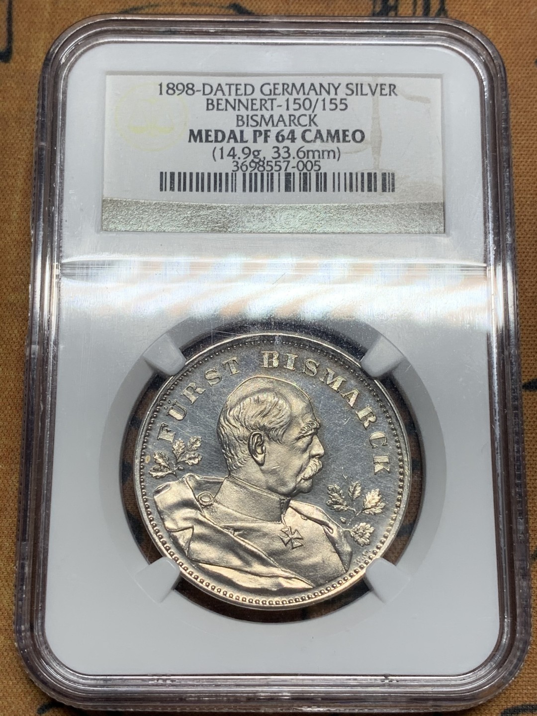 《竞宝斋》第84场-本周日，周一2场连拍（全场不限金额包邮） NGC PF64CAMEO 1898年德国俾斯麦银章  普品常见 但是镜面 浮雕 高分少见 值得收藏