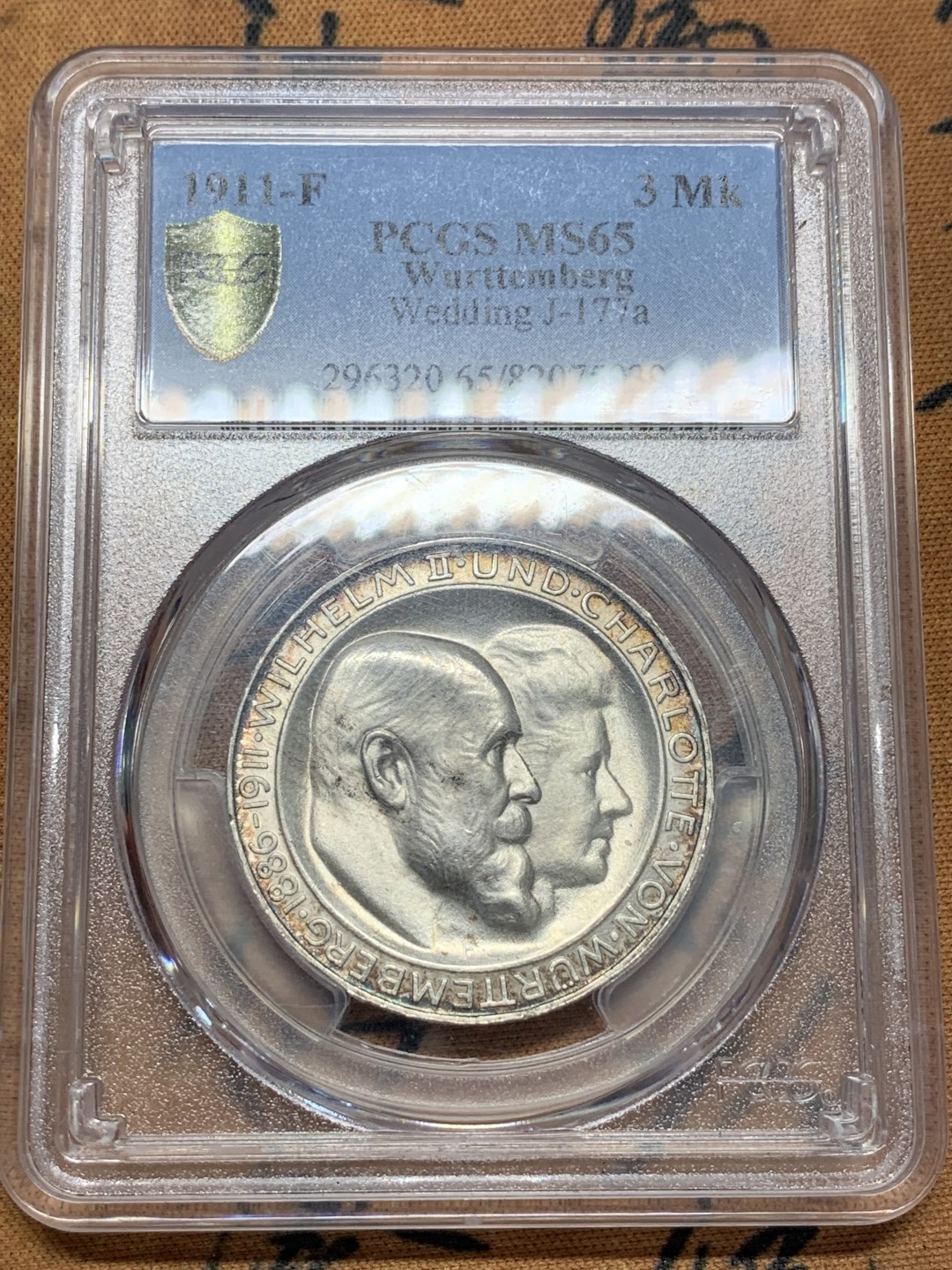 《竞宝斋》第84场-本周日，周一2场连拍（全场不限金额包邮） PCGS MS65 德国1911年 符腾堡环彩金婚3马克银币