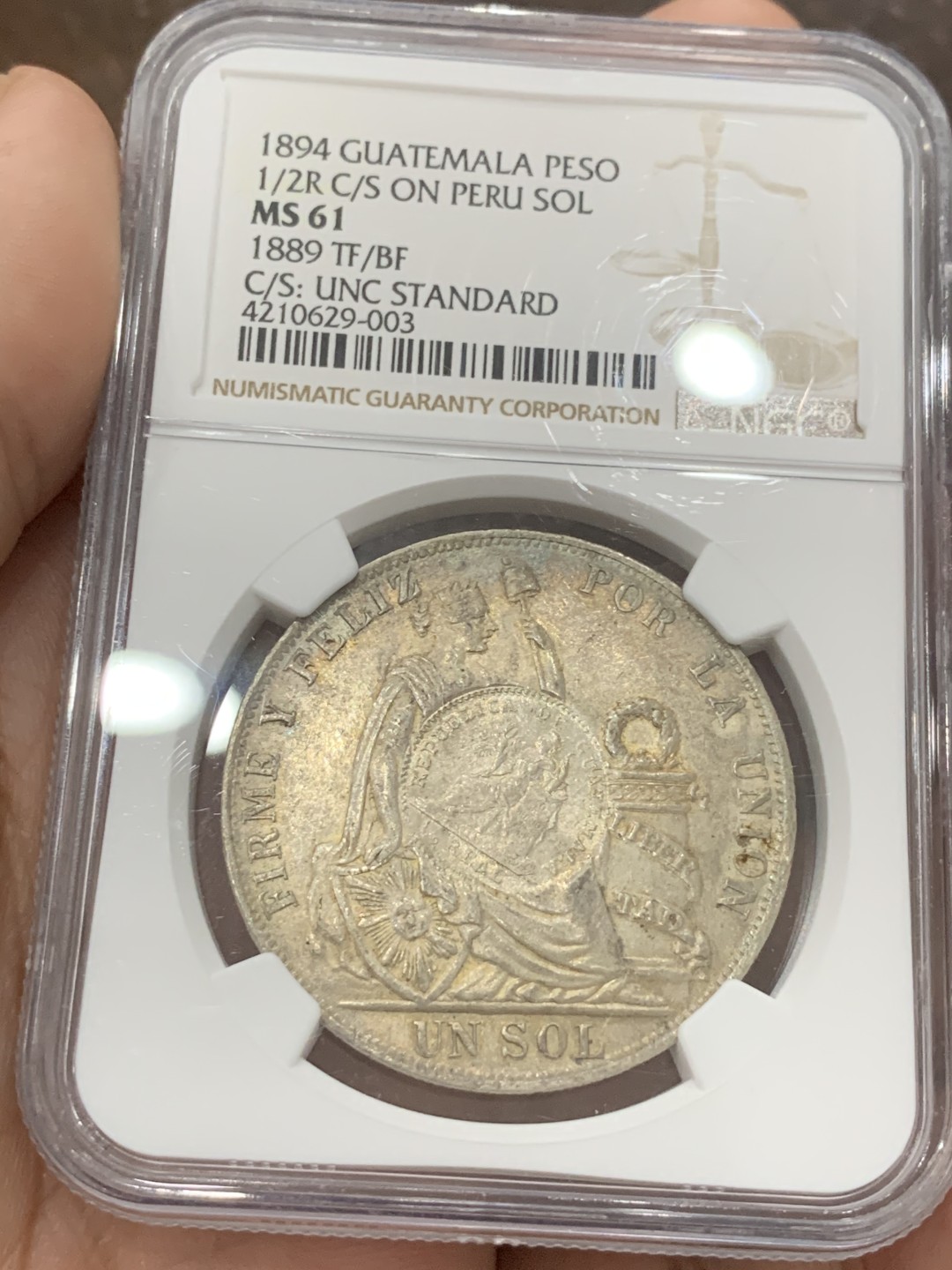 《竞宝斋》第84场-本周日，周一2场连拍（全场不限金额包邮） NGC-MS61 1894年 危地马拉加盖 秘鲁索尔 银币 热门南美 少见加盖 涨势不错