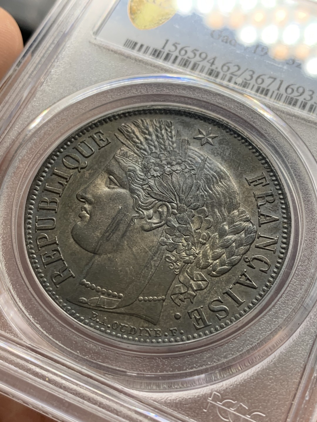 《竞宝斋》第84场-本周日，周一2场连拍（全场不限金额包邮） PCGS-MS62法国 1850年 5法郎 谷物女神 银币 均匀黑彩 这样的包浆现在都很难有分