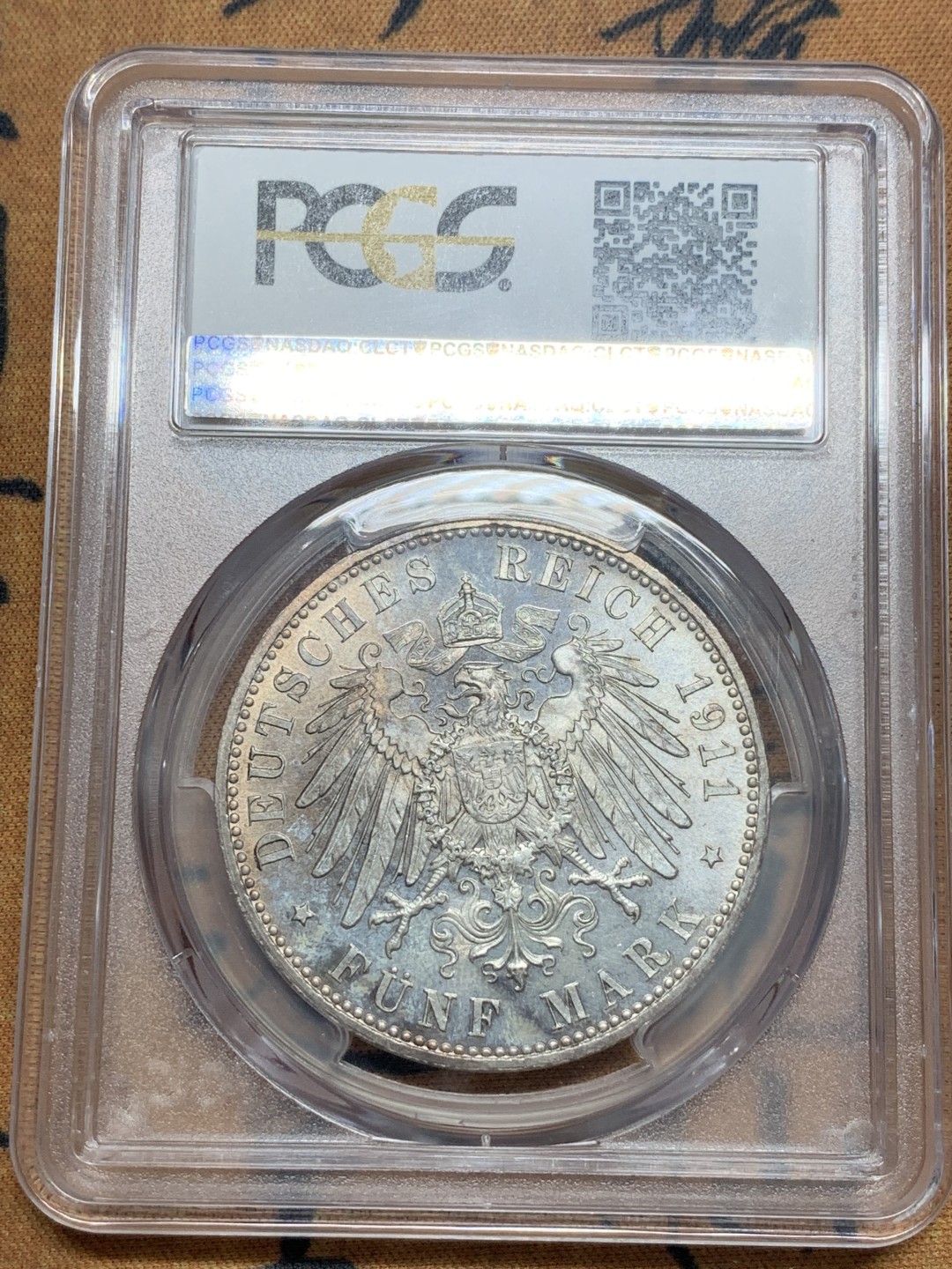 《竞宝斋》第84场-本周日，周一2场连拍（全场不限金额包邮） PCGS-MS65德国 1911年 5马克 巴伐利亚利奥波德 银币 高分底板丝滑肉眼几乎无暇 p盒记录仅比冠军低一分