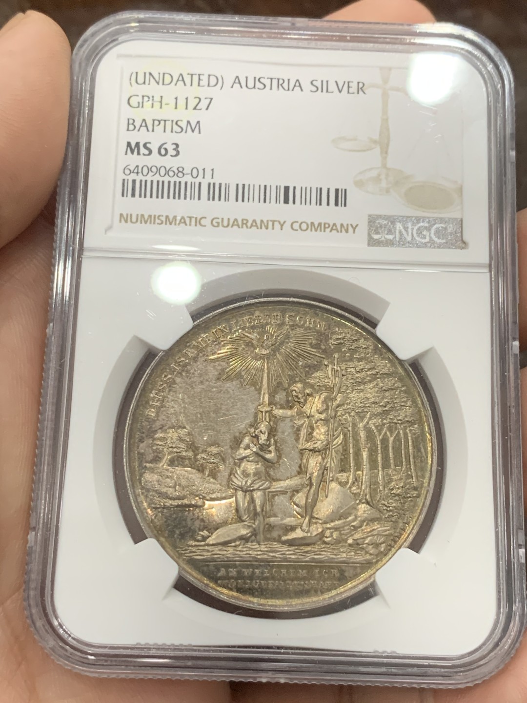 《竞宝斋》第84场-本周日，周一2场连拍（全场不限金额包邮） NGC MS63奥地利19世纪耶稣约旦河洗礼镜面纪念大银章