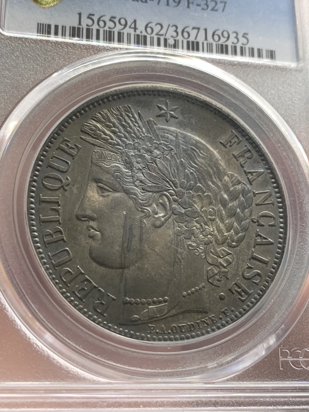 《竞宝斋》第84场-本周日，周一2场连拍（全场不限金额包邮） PCGS-MS62法国 1850年 5法郎 谷物女神 银币 均匀黑彩 这样的包浆现在都很难有分