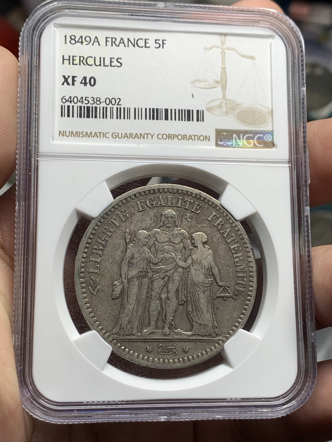 《竞宝斋》第84场-本周日，周一2场连拍（全场不限金额包邮） NGC-XF40 法国   1849年 5法郎 A版 早期大力神 原味老包浆 高性价比首选