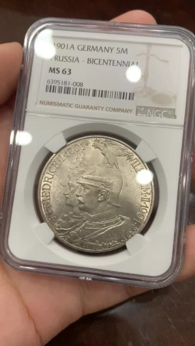 《竞宝斋》第84场-本周日，周一2场连拍（全场不限金额包邮） NGC-MS63 德国普鲁士 1901年 两百周年纪念 5马克大银币 原光带彩