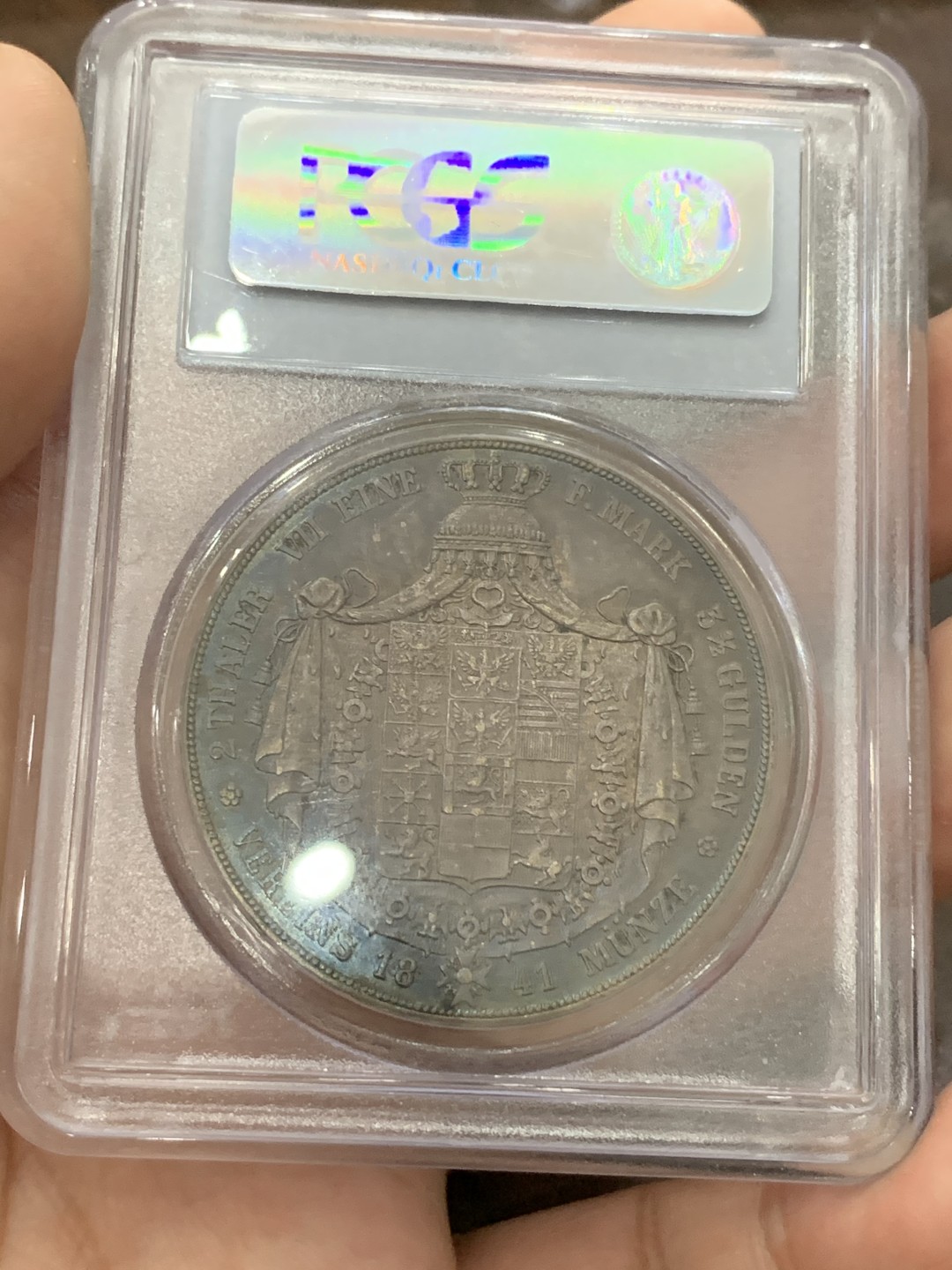 《竞宝斋》第84场-本周日，周一2场连拍（全场不限金额包邮） PCGS-AU53德国 1841年 2泰勒 普鲁士威廉四世窗帘泰勒 银币 早期威廉四世头像 好品比后期少很多 侧光双面紫包浆状态无敌好看