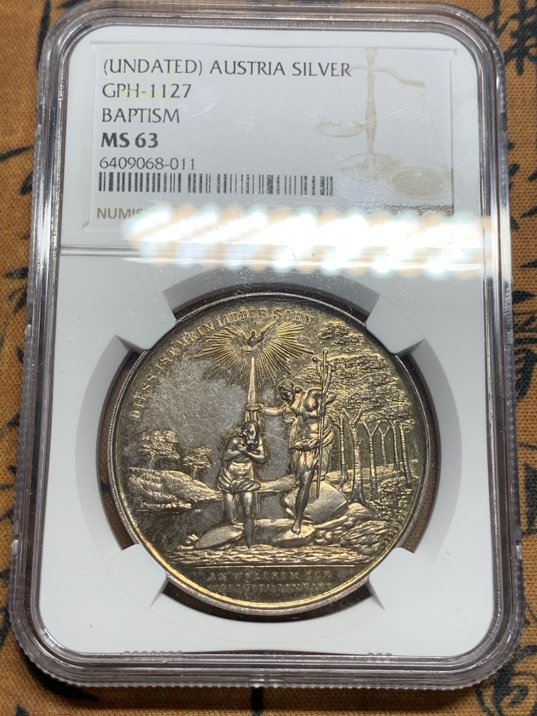 《竞宝斋》第84场-本周日，周一2场连拍（全场不限金额包邮） NGC MS63奥地利19世纪耶稣约旦河洗礼镜面纪念大银章