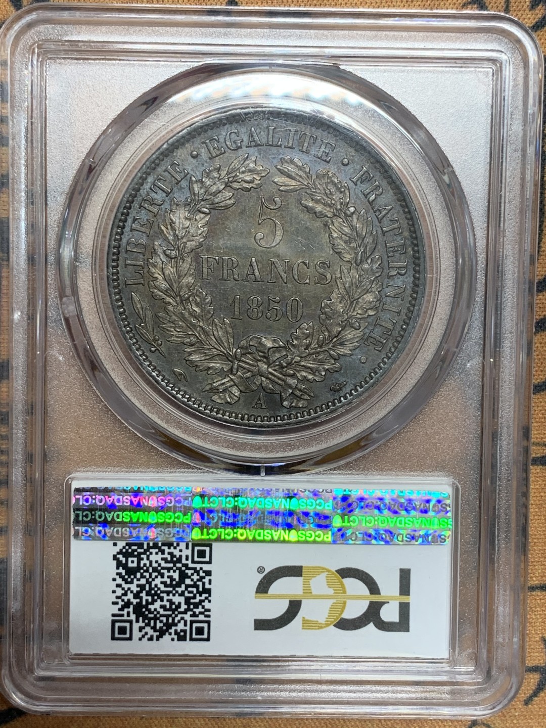 《竞宝斋》第84场-本周日，周一2场连拍（全场不限金额包邮） PCGS-MS62法国 1850年 5法郎 谷物女神 银币 均匀黑彩 这样的包浆现在都很难有分