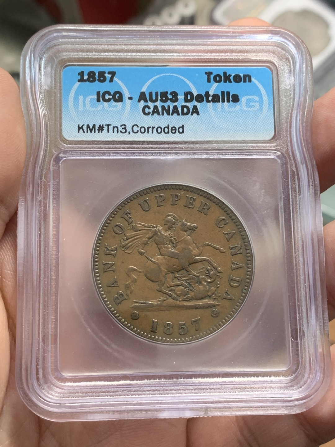 《竞宝斋》第84场-本周日，周一2场连拍（全场不限金额包邮） ICG AU53 加拿大 1857年 1便士 大铜币 TOKEN 代币