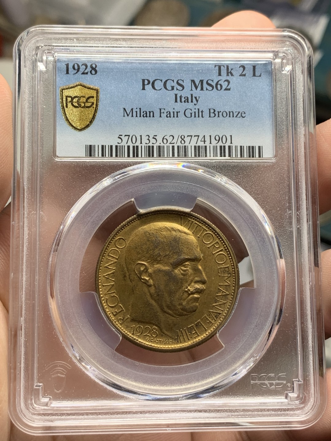 《竞宝斋》第84场-本周日，周一2场连拍（全场不限金额包邮） PCGS MS62 意大利 1928年 米兰博览会 铜镀金 2里拉 代币 稀少品种