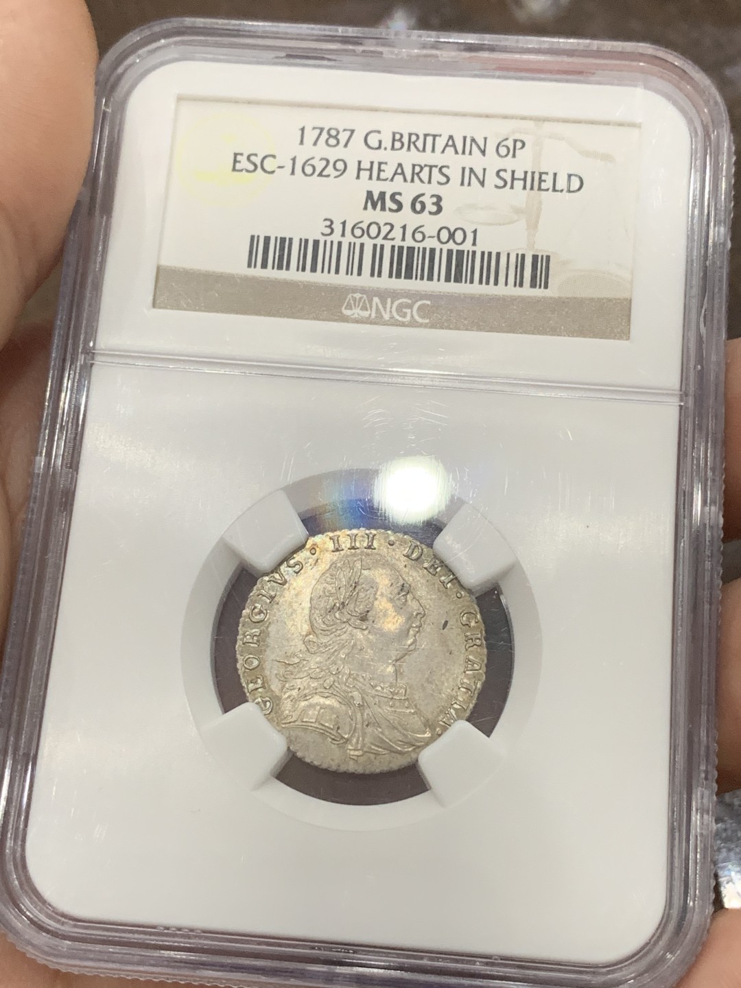 《竞宝斋》第84场-本周日，周一2场连拍（全场不限金额包邮） 1787年英国6便士，NGC-63，老盒严评，值得收藏
