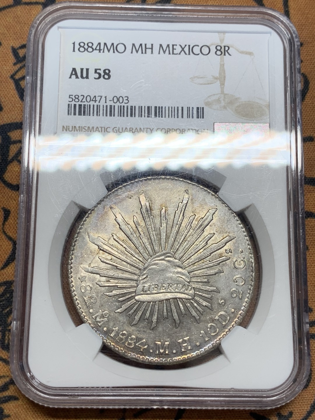 《竞宝斋》第84场-本周日，周一2场连拍（全场不限金额包邮） NGC-AU58 墨西哥 1884-Mo 8里亚尔 鹰洋 银币 光泽非常漂亮