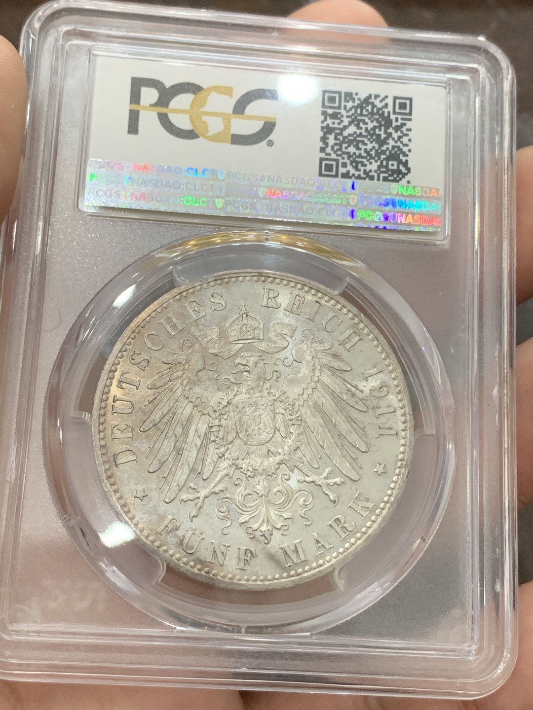 《竞宝斋》第84场-本周日，周一2场连拍（全场不限金额包邮） PCGS-MS65德国 1911年 5马克 巴伐利亚利奥波德 银币 高分底板丝滑肉眼几乎无暇 p盒记录仅比冠军低一分