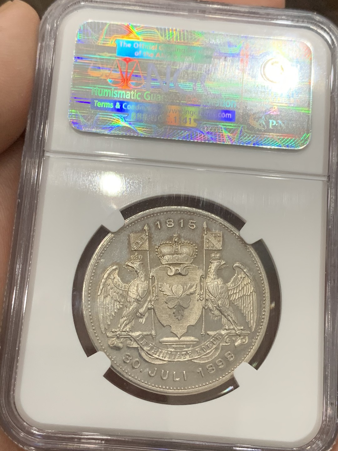 《竞宝斋》第84场-本周日，周一2场连拍（全场不限金额包邮） NGC PF64CAMEO 1898年德国俾斯麦银章  普品常见 但是镜面 浮雕 高分少见 值得收藏