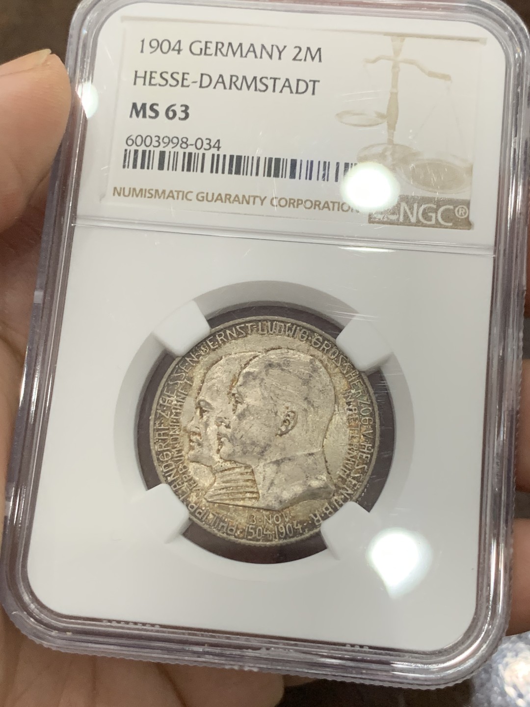 《竞宝斋》第84场-本周日，周一2场连拍（全场不限金额包邮） NGC MS63 德国 1904年 黑森达姆施塔特400周年2马克 银币