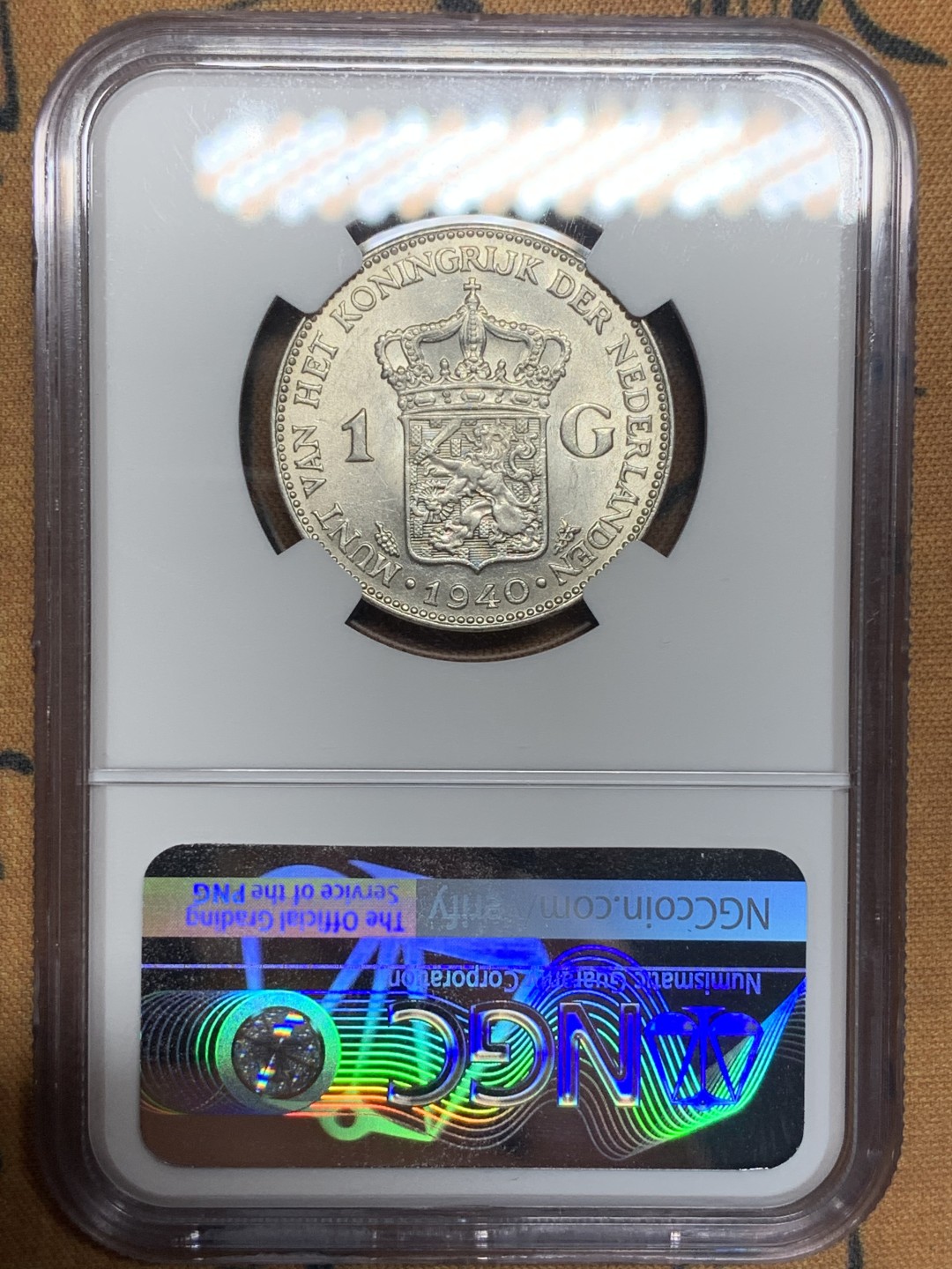 《竞宝斋》第84场-本周日，周一2场连拍（全场不限金额包邮） NGC-MS62 荷兰   1940年 1盾 威廉米娜女王 标准车轮光