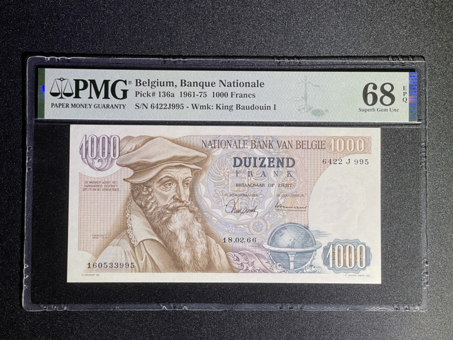 《张总收藏》68期——冠军分 比利时1000法郎 PMG68E P-136a 1966年 比利时地图制作家克雷摩 俗称