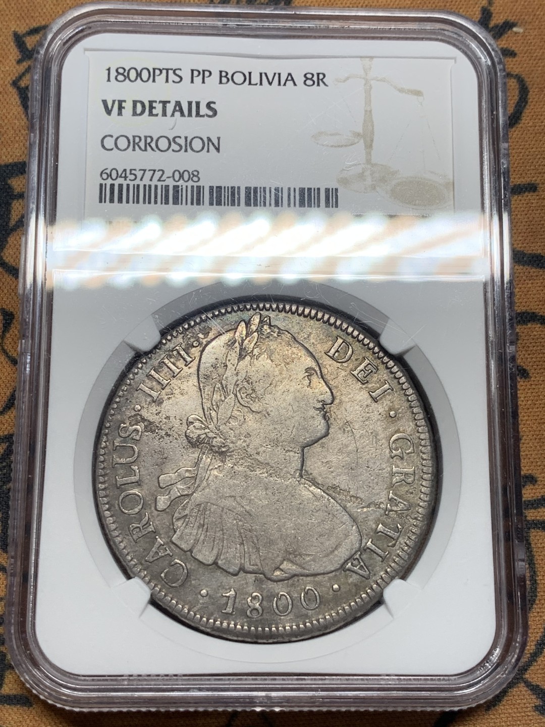 《竞宝斋》第84场-本周日，周一2场连拍（全场不限金额包邮） NGC VF 西属 玻利维亚 1800年 卡四 8R 双柱 大银币