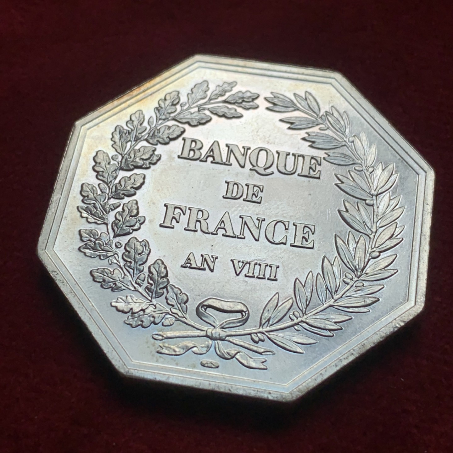 《竞宝斋》第84场-本周日，周一2场连拍（全场不限金额包邮） 法国 法兰西银行 银质八角 JETON代用币 顶级品相 可以送评 925银 对角40mm直径 重 29.2克