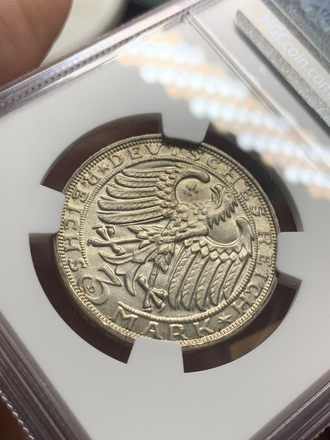 《竞宝斋》第84场-本周日，周一2场连拍（全场不限金额包邮） NGC-MS65 德国魏玛共和国 1928-D年 丢勒 3马克银币 一流的状态 非常少见的东西