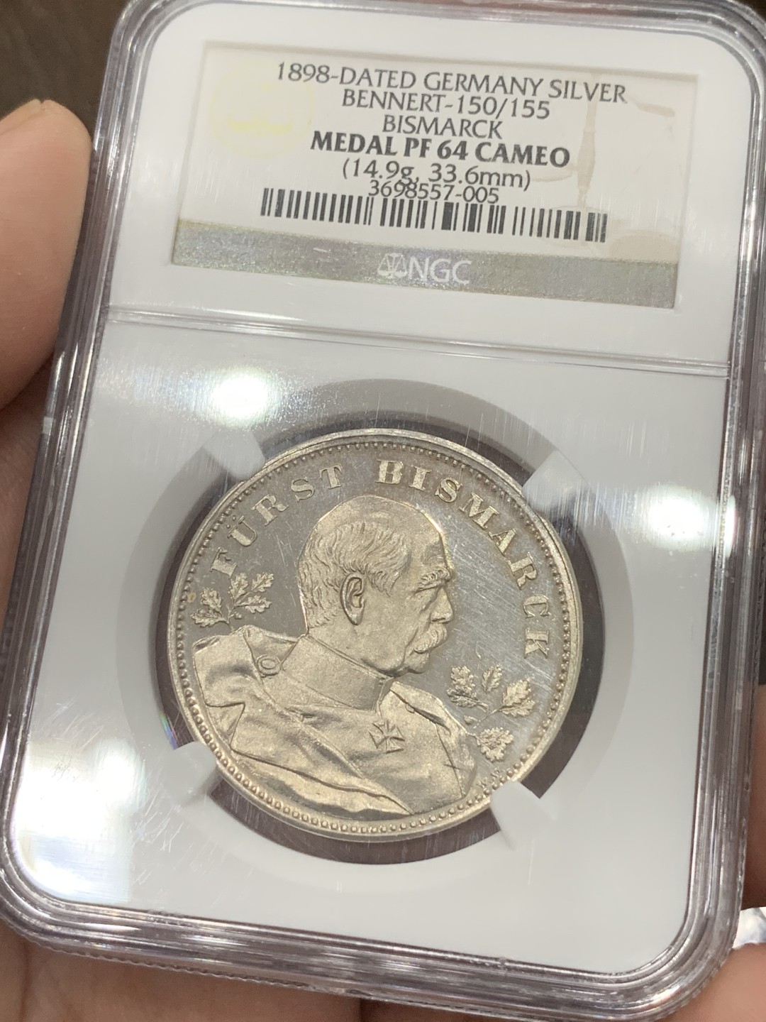 《竞宝斋》第84场-本周日，周一2场连拍（全场不限金额包邮） NGC PF64CAMEO 1898年德国俾斯麦银章  普品常见 但是镜面 浮雕 高分少见 值得收藏