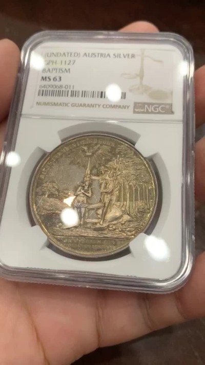 《竞宝斋》第84场-本周日，周一2场连拍（全场不限金额包邮） NGC MS63奥地利19世纪耶稣约旦河洗礼镜面纪念大银章