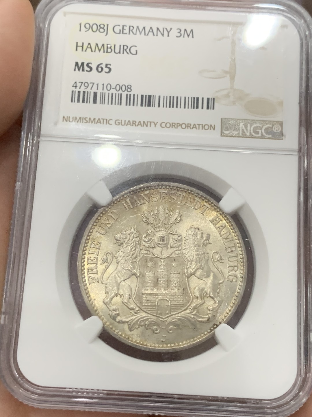 《竞宝斋》第84场-本周日，周一2场连拍（全场不限金额包邮） NGC-MS65 德国 1908年J版汉堡3马克。精美高分一步到位。