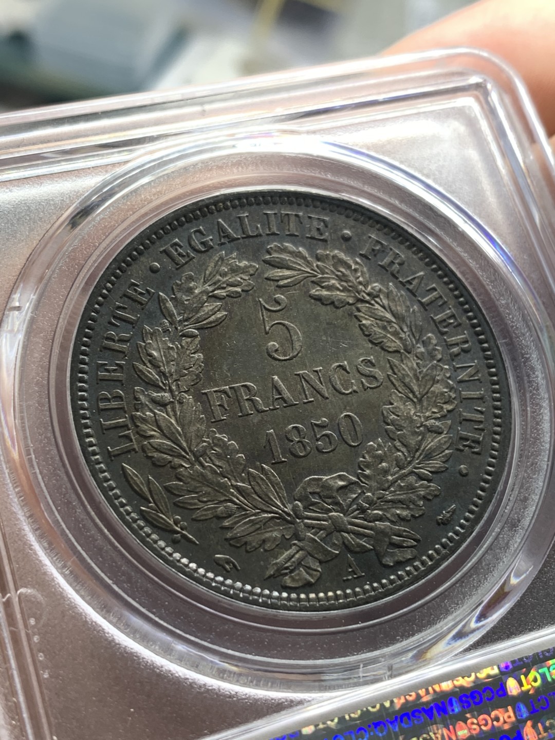《竞宝斋》第84场-本周日，周一2场连拍（全场不限金额包邮） PCGS-MS62法国 1850年 5法郎 谷物女神 银币 均匀黑彩 这样的包浆现在都很难有分