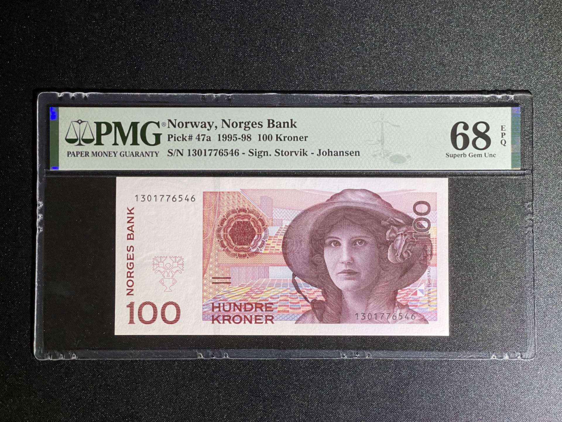 《张总收藏》68期——冠军分 挪威100克朗 PMG68E 1995年首发初版 P-47a 冠军分