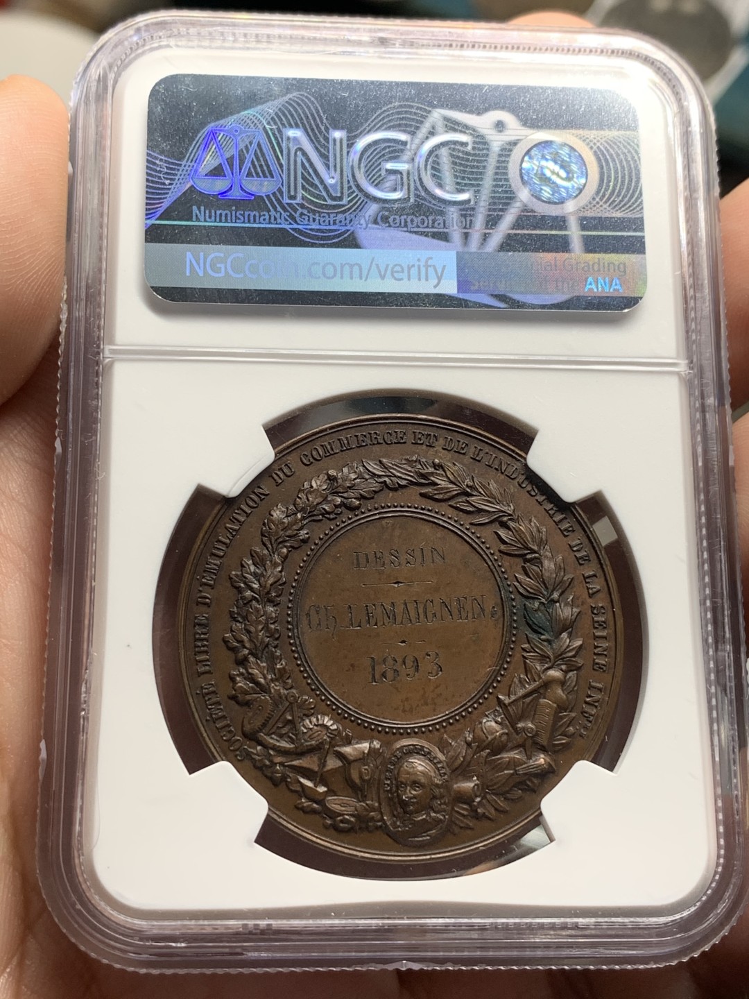 《竞宝斋》第84场-本周日，周一2场连拍（全场不限金额包邮） NGC-MS63BN 法国 1893年 工商业协会 女神 铜章