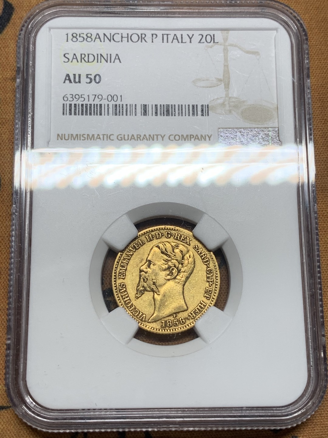 《竞宝斋》第84场-本周日，周一2场连拍（全场不限金额包邮） NGC-AU50 意大利撒丁岛 1858年 20里拉金币 非常少见的品种