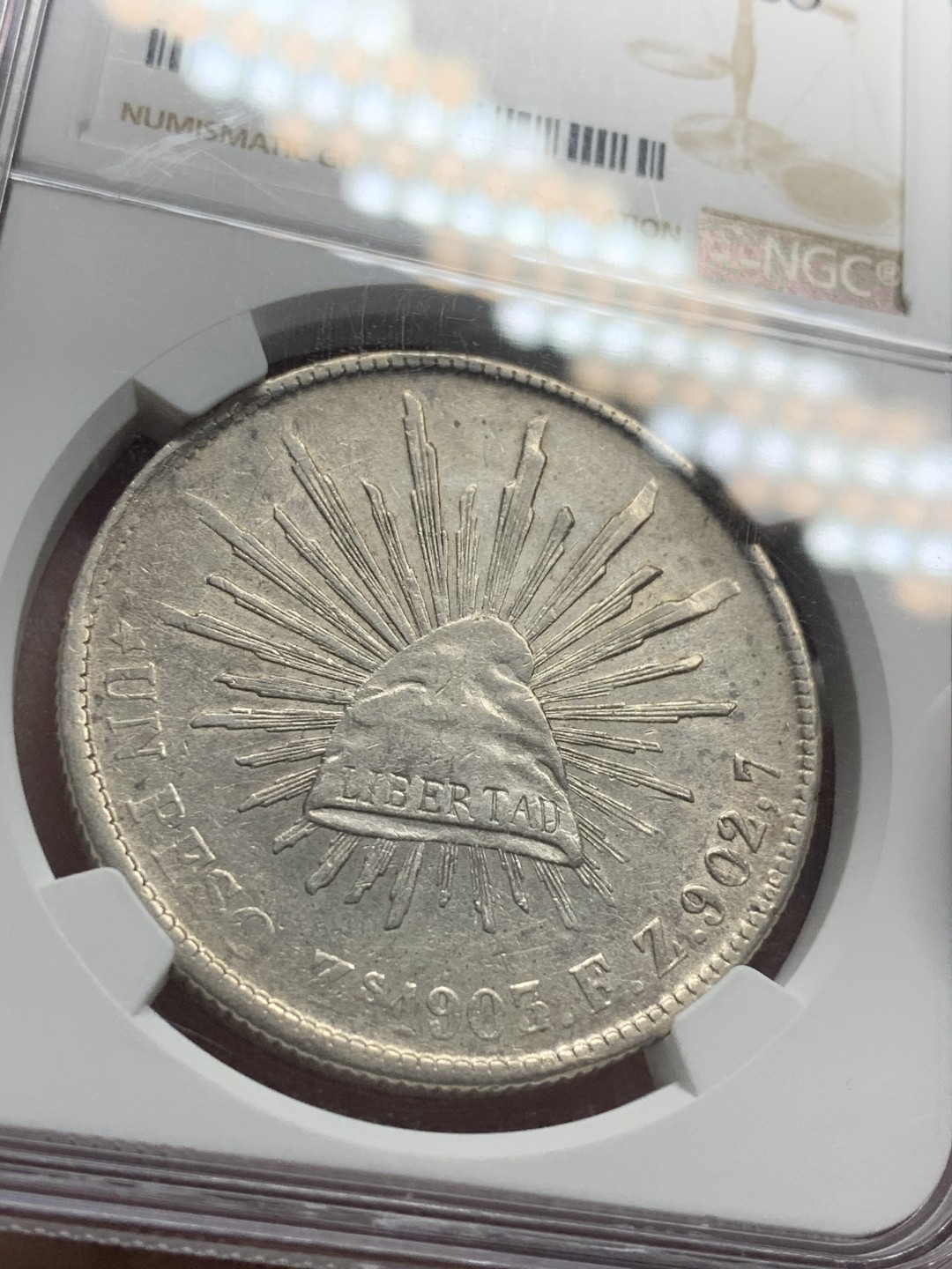 《竞宝斋》第84场-本周日，周一2场连拍（全场不限金额包邮） NGC AU53 墨西哥 1903/2年 骑字版 直边 鹰洋 银币 状态好 骑字少见