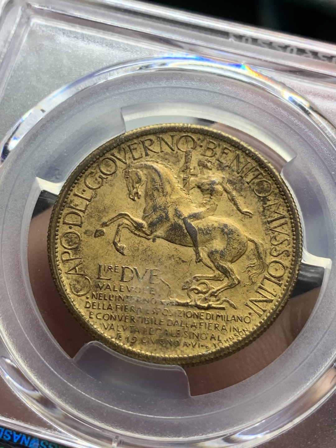 《竞宝斋》第84场-本周日，周一2场连拍（全场不限金额包邮） PCGS MS62 意大利 1928年 米兰博览会 铜镀金 2里拉 代币 稀少品种