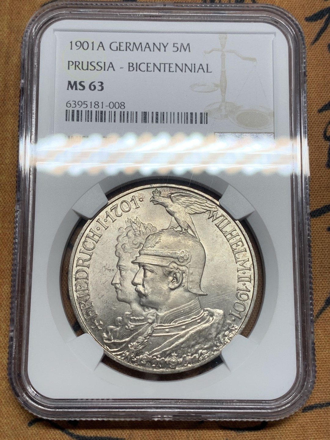 《竞宝斋》第84场-本周日，周一2场连拍（全场不限金额包邮） NGC-MS63 德国普鲁士 1901年 两百周年纪念 5马克大银币 原光带彩